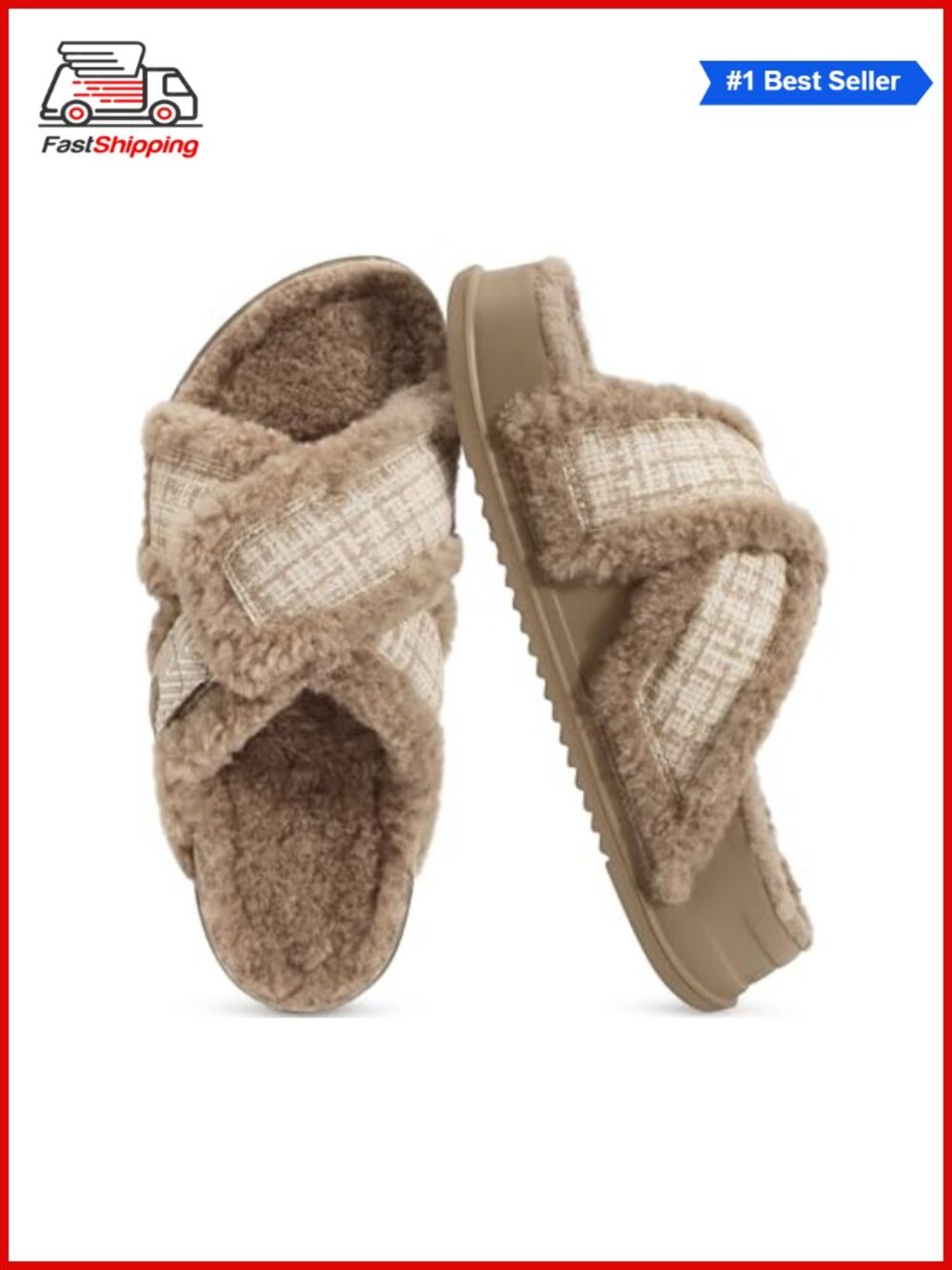 ✨ KuaiLu Womens Fuzzy Cross Band Arch Support Memory Foam Slippers